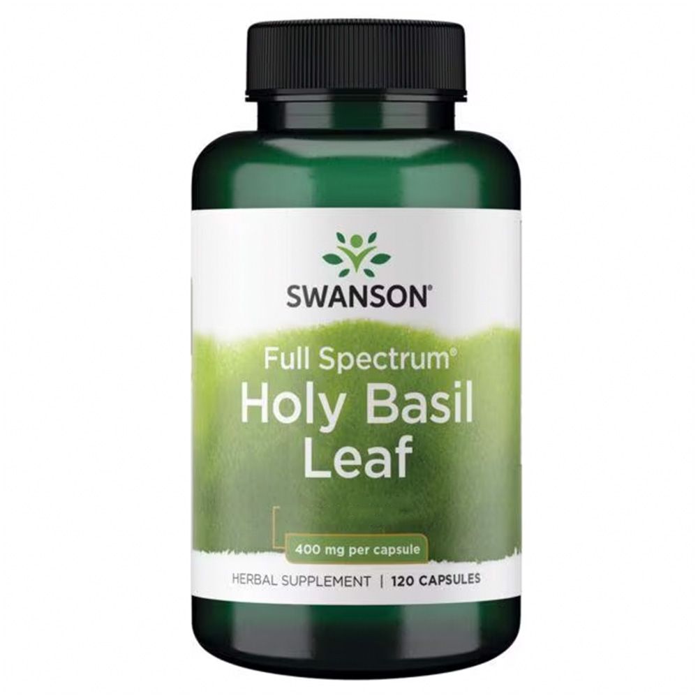 Flacon vert avec bouchon noir. Inscription: SWANSON, Holy Basil Leaf, 400 mg par capsule, 120 capsules.