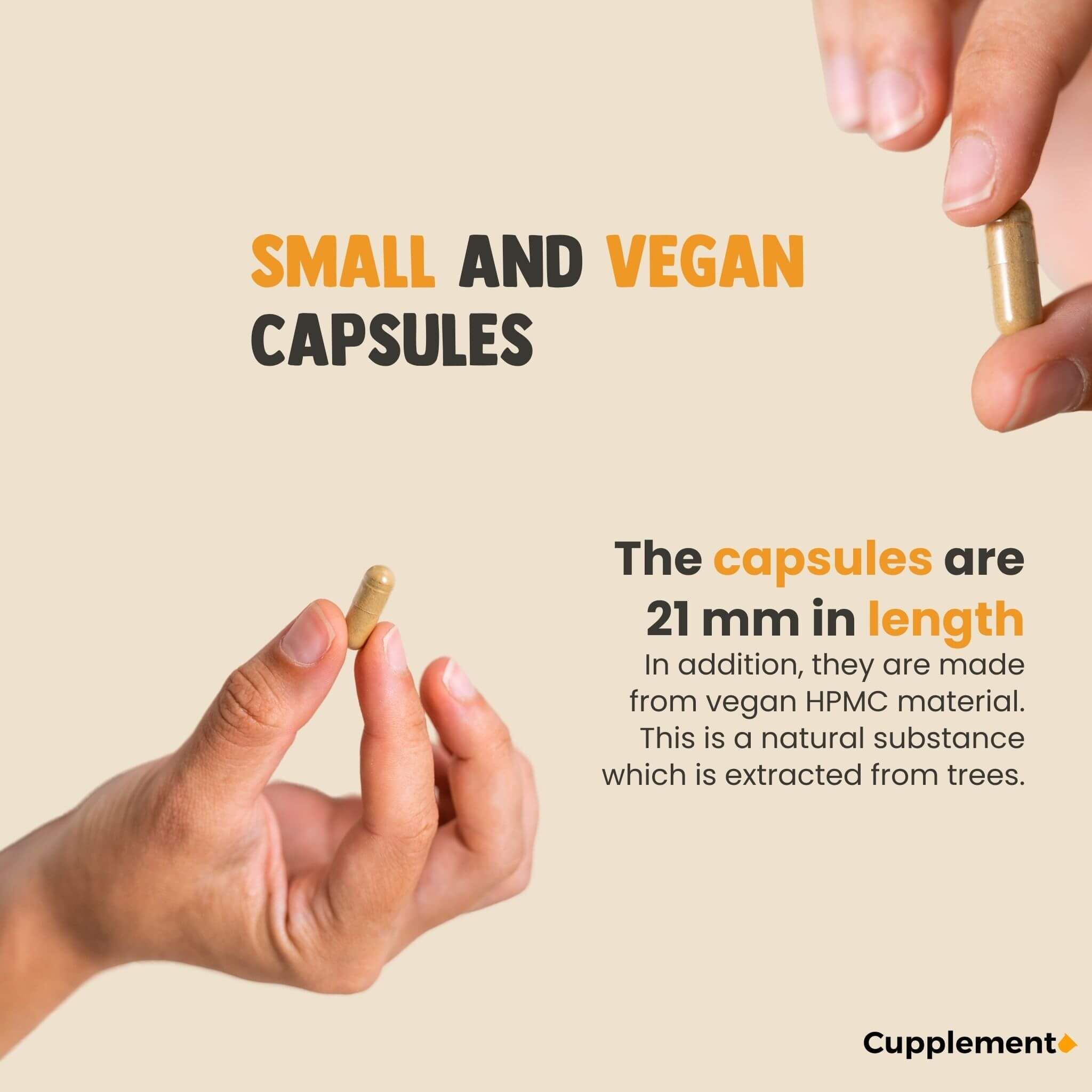 Twee handen houden capsules vast. Tekst: Kleine en veganistische capsules. Capsules zijn 21 mm lang, gemaakt van veganistisch HPMC-materiaal.
