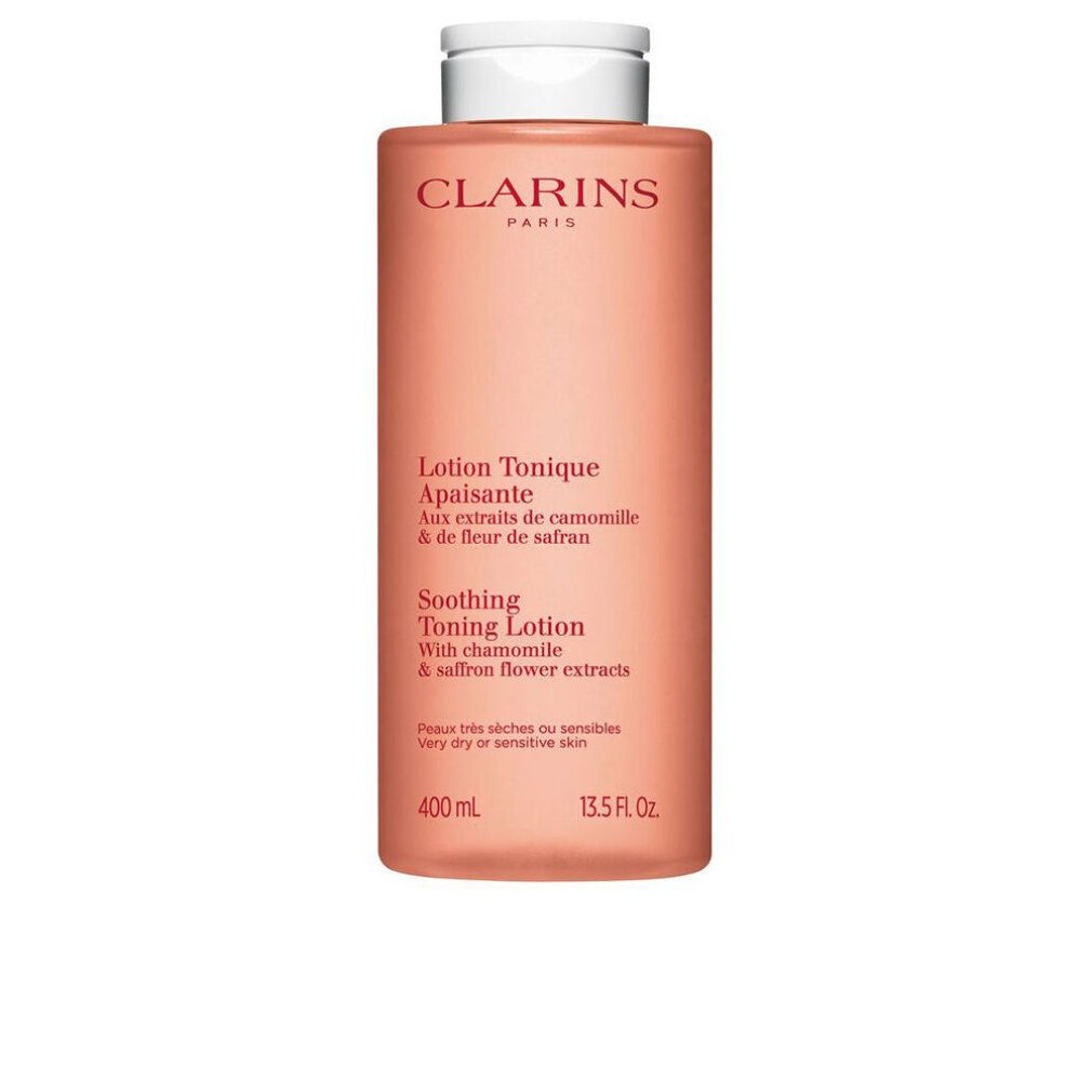 Roze fles met witte dop. Opschrift: CLARINS PARIS. Tekst: Lotion Tonique Apaisante. Met kamille & saffloerbloemextracten. 400 ml.