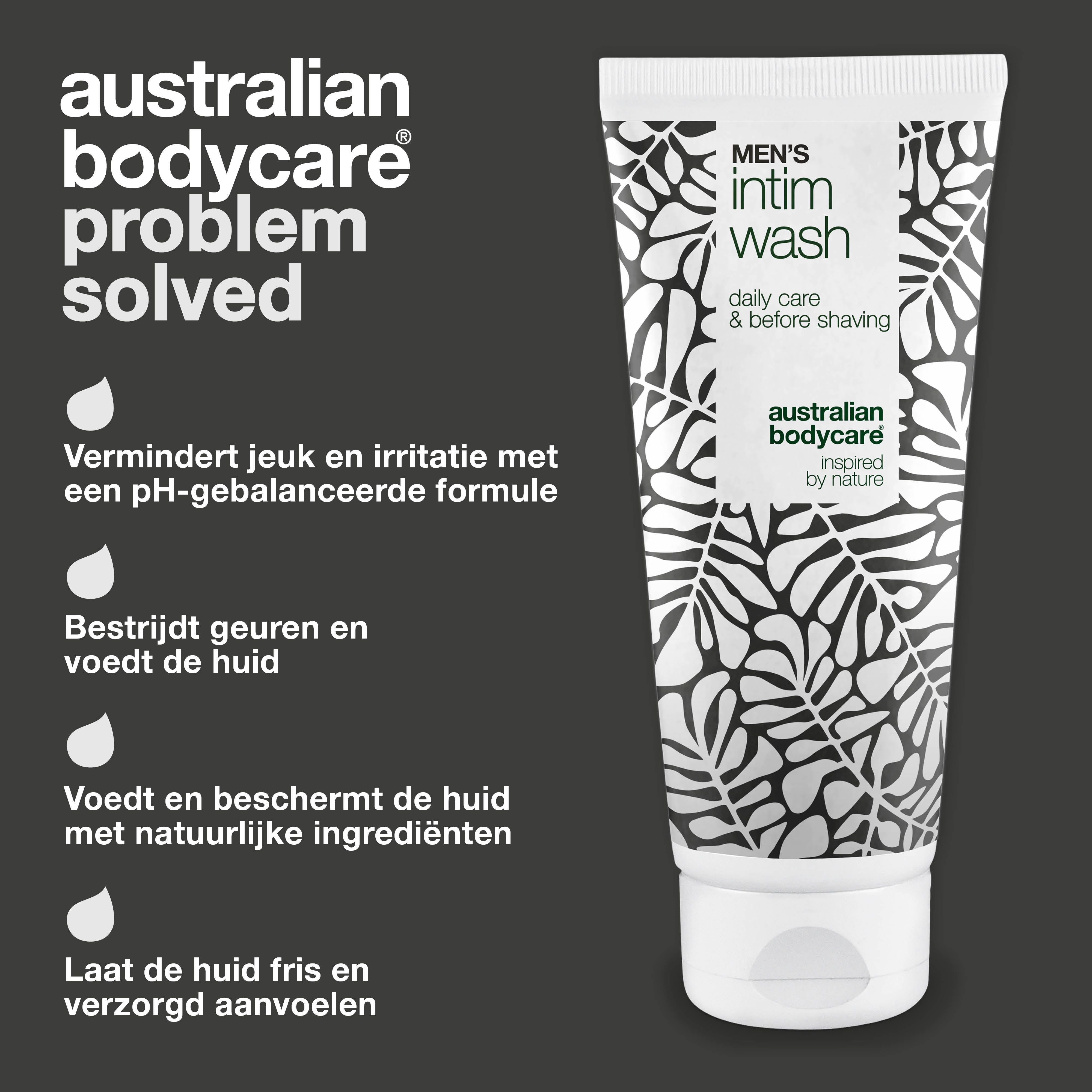 Productafbeelding met tekst. Tube intieme wasgel. Tekst: Australian Bodycare, Men's Intim Wash. Opsomming: Vermindert jeuk, etc.