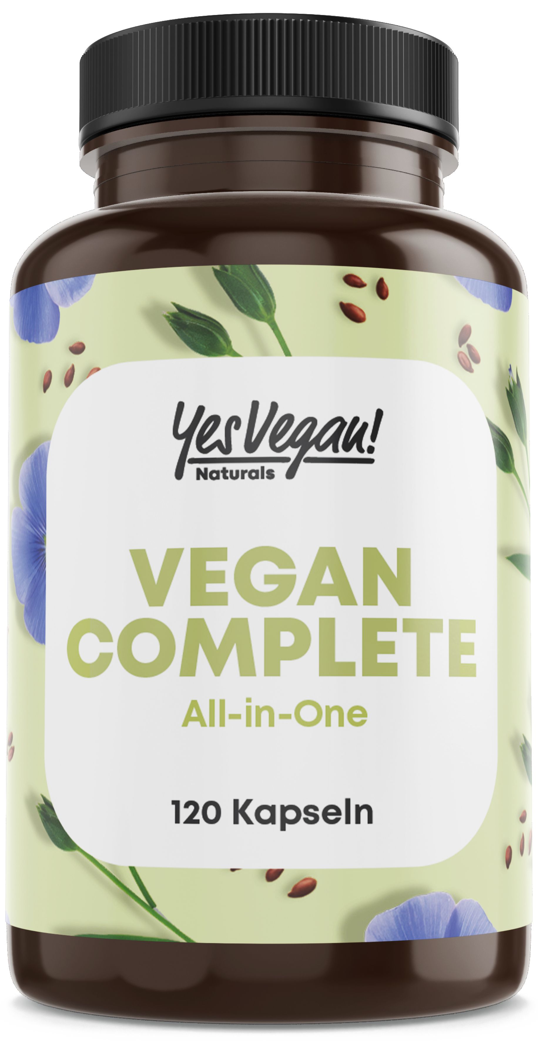 Bruine fles met capsules. Opschrift: Yes Vegan! Vegan Complete All-in-One. Bevat 120 capsules. Achtergrond met bloemenpatroon.