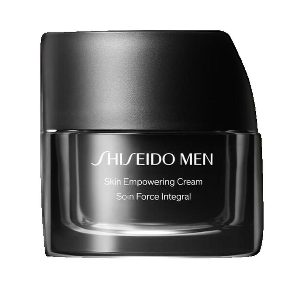 Pot de crème noir avec couvercle. Inscription: SHISEIDO MEN, Skin Empowering Cream, Soin Force Integral.