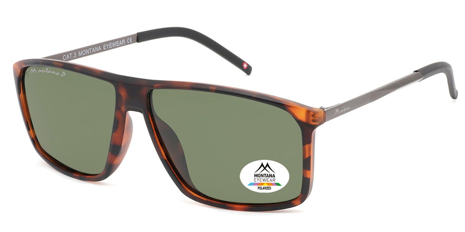 Zonnebril met bruin montuur en groene glazen. Montana Eyewear logo en Polarized sticker. Rechthoekige vorm.