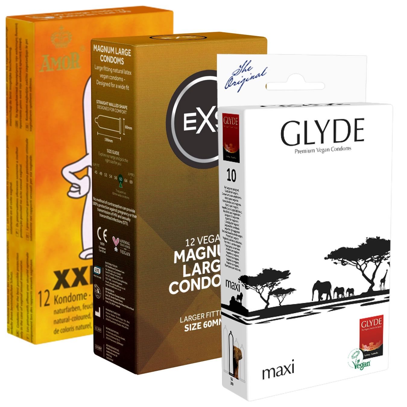 Drie condoomverpakkingen. Merken: Amore XXL, EX, Glyde. Maten en logo's zichtbaar. Verpakkingen in verschillende kleuren.