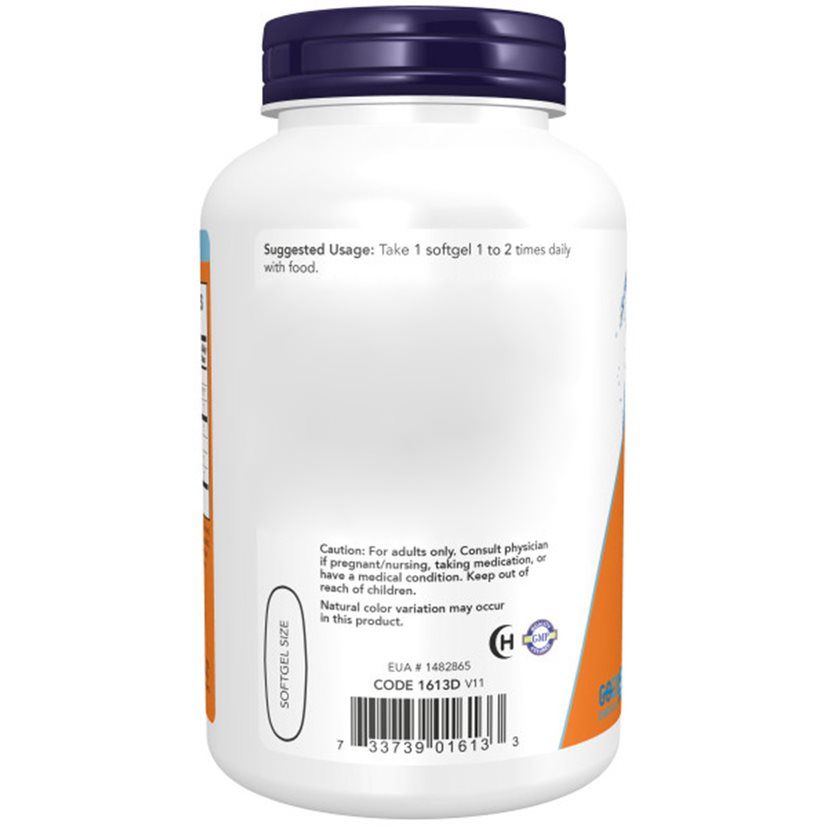 Dos de la bouteille avec instructions d'utilisation et avertissements pour Now Foods DHA-500 Huile de poisson.