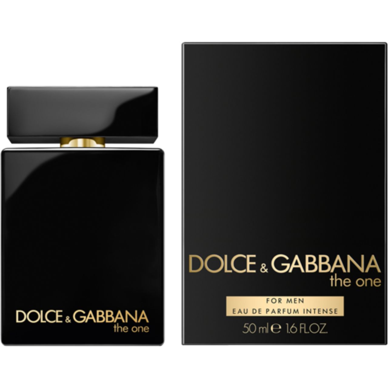 Zwarte flacon en verpakking. Gouden tekst: Dolce & Gabbana The One. Voor mannen. Eau de Parfum Intense.
