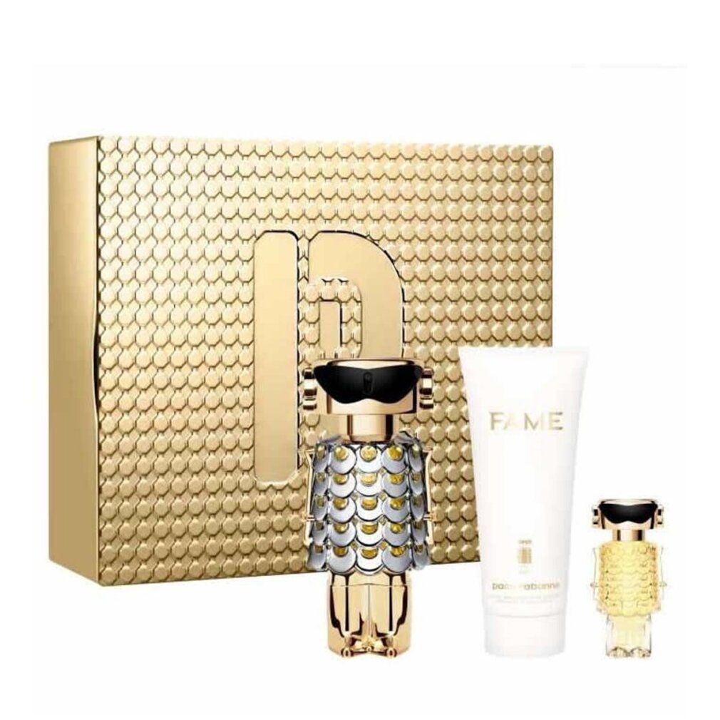 Rabanne geschenkset met parfumfles, bodylotion en kleine parfumverstuiver in gouden verpakking.