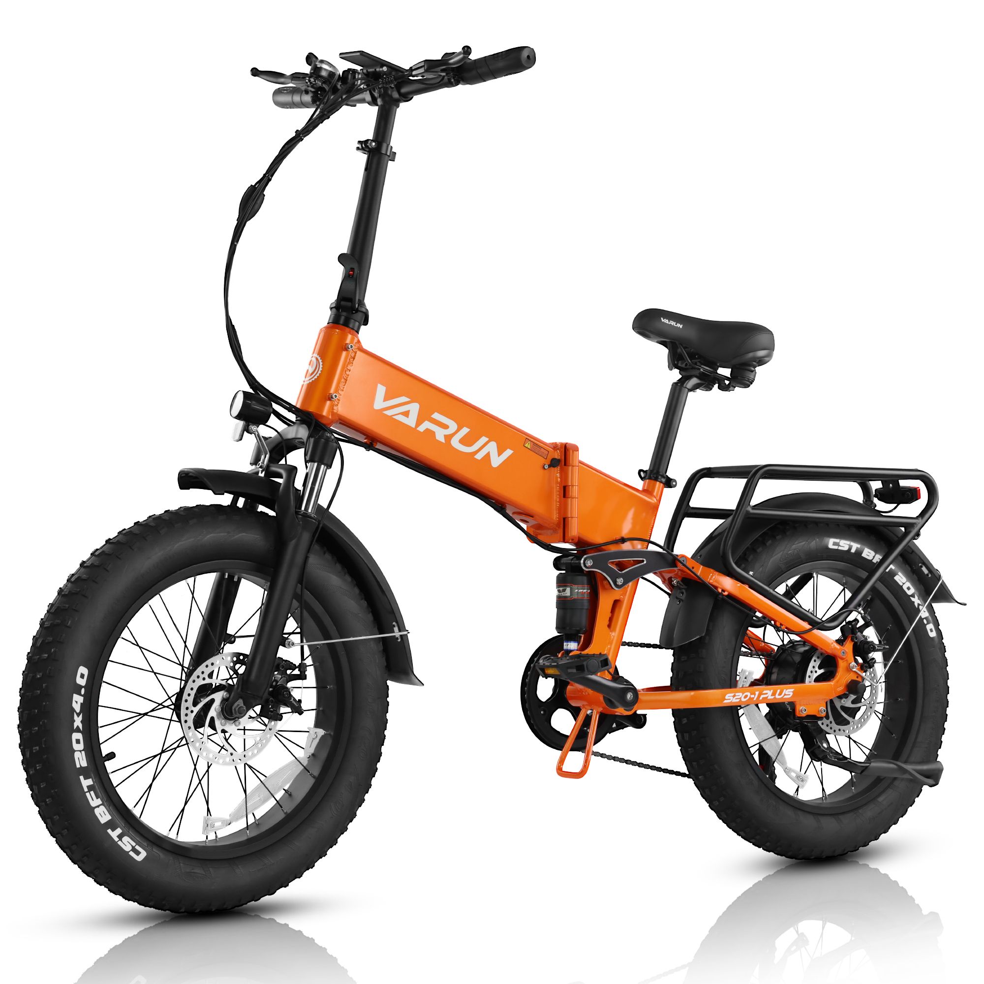 Opvouwbare oranje elektrische fiets VARUN S20-2. Zwarte banden, bagagerek. Koplamp. Zijaanzicht.
