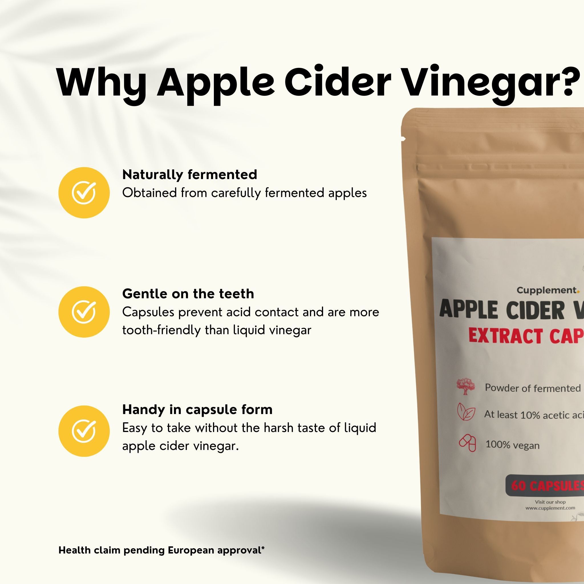 Publicité avec texte et sachet de capsules. Texte: Apple Cider Vinegar Extract Capsules. Capsules à côté.