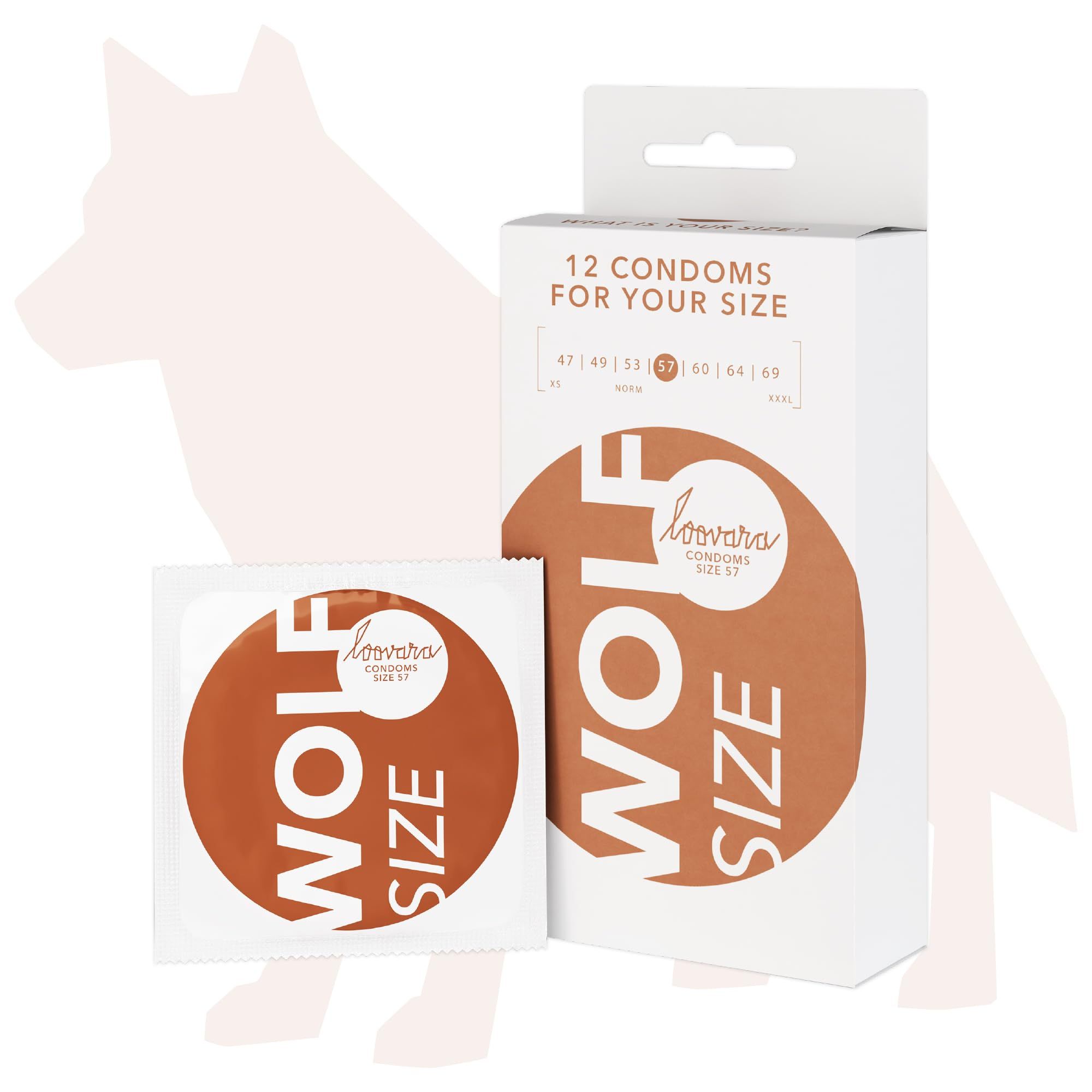 Loovara Wolf Condoom Maat 57mm, verpakking van 12 en enkele verpakking.
