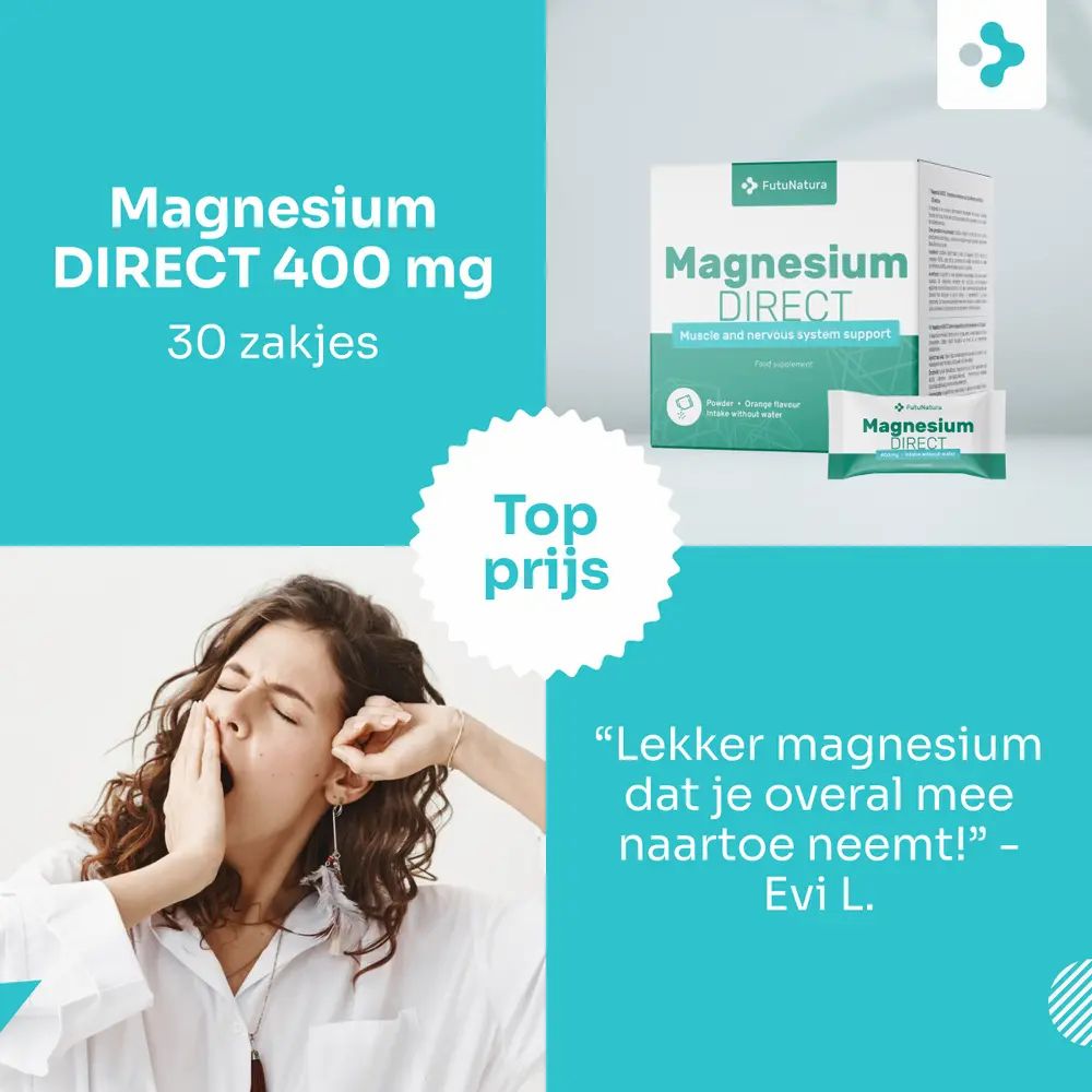 FutuNatura Magnesium DIRECT 400 mg: doos en individuele zakjes op gras.
