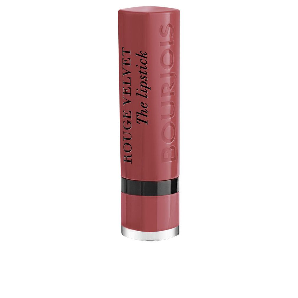 Rouge à lèvres fermé. Inscription: Bourjois Rouge Velvet The lipstick. Couleur: rose.
