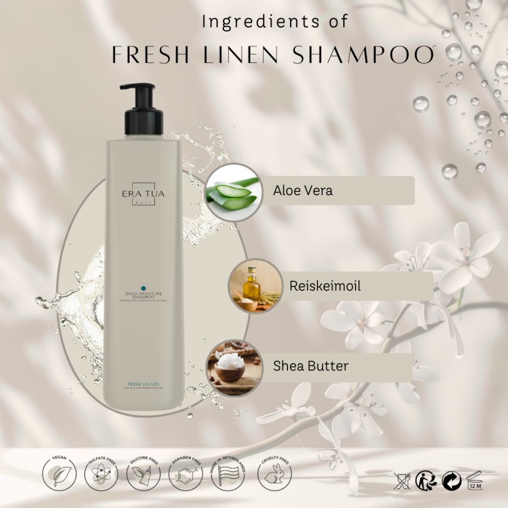 Beige shampoo fles met zwarte pomp. Ingrediënten: Aloë Vera, rijstzemelenolie, sheaboter. Tekst: EraTua, Fresh Linen Shampoo.