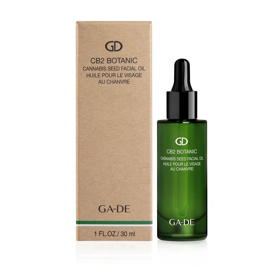 Flacon en verre vert avec compte-gouttes noir et boîte. Inscription: CB2 Botanic Cannabis Seed Facial Oil. Marque: GA-DE.