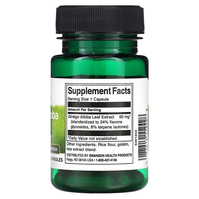 Vue arrière d'un flacon vert avec bouchon noir. Étiquette avec informations nutritionnelles et ingrédients. Marque SWANSON.