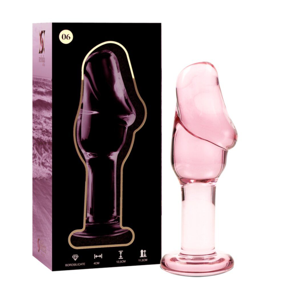 Plug anal en verre rose, 12,5 x 4 cm, à côté de son emballage.