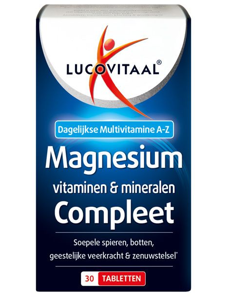 Verpakking van Lucovitaal Magnesium, Vitaminen & Mineralen Compleet. Bevat 30 tabletten. Blauw-witte verpakking met tekst.