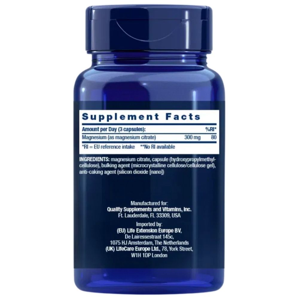 Arrière d'une bouteille bleue de Life Extension Magnesium (Citrate) 100 mg. Affiche les faits nutritionnels et les ingrédients.