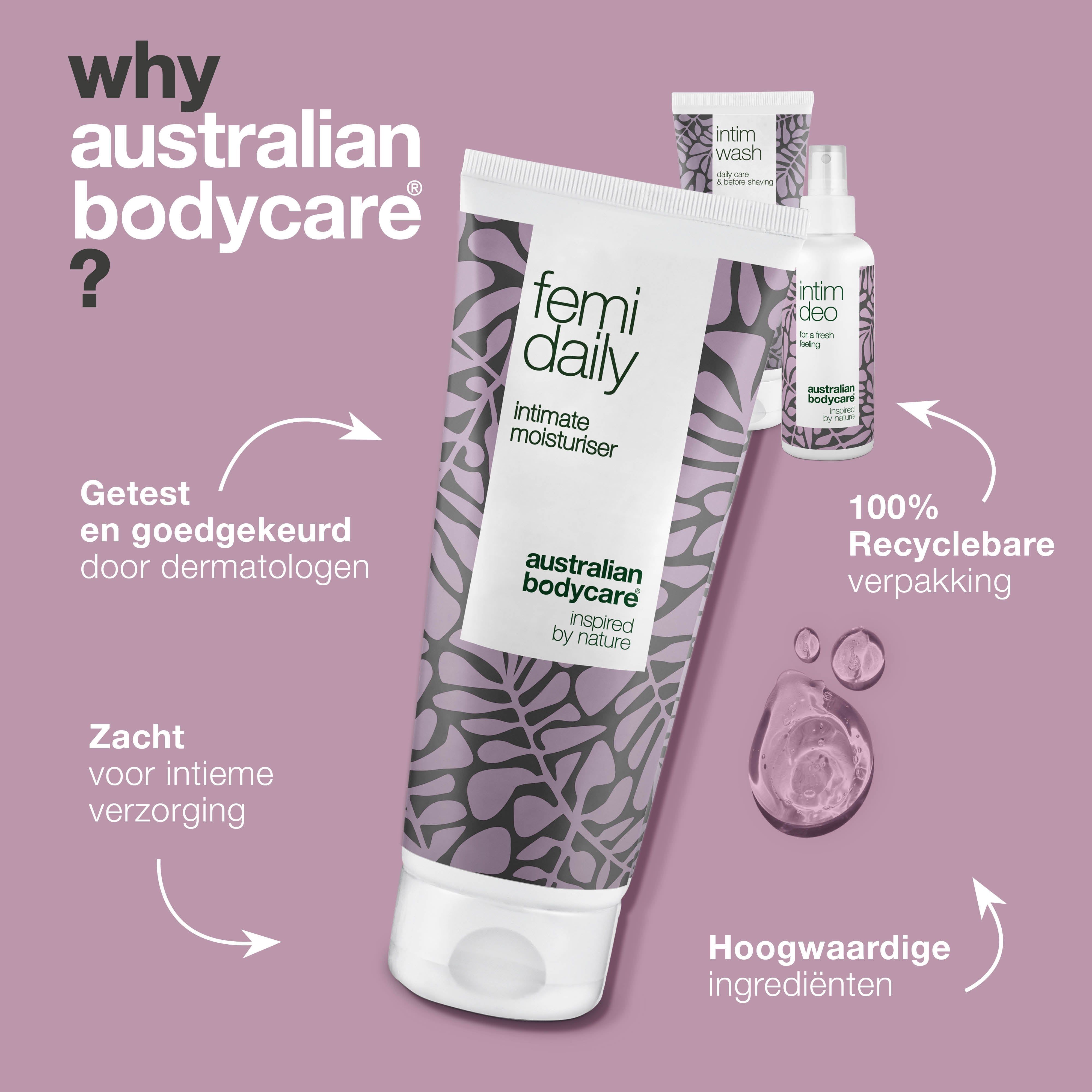 Femi Daily, Intim Wash, Intim Deo. Tekst: Waarom Australian Bodycare? Voordelen, recyclebare verpakking.