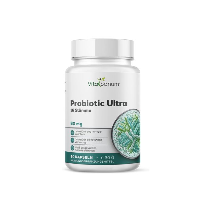 VitaSanum Probiotic Ultra Container: Voorkant met logo, 16 stammen, 60 mg en microscopische weergave van bacteriën.