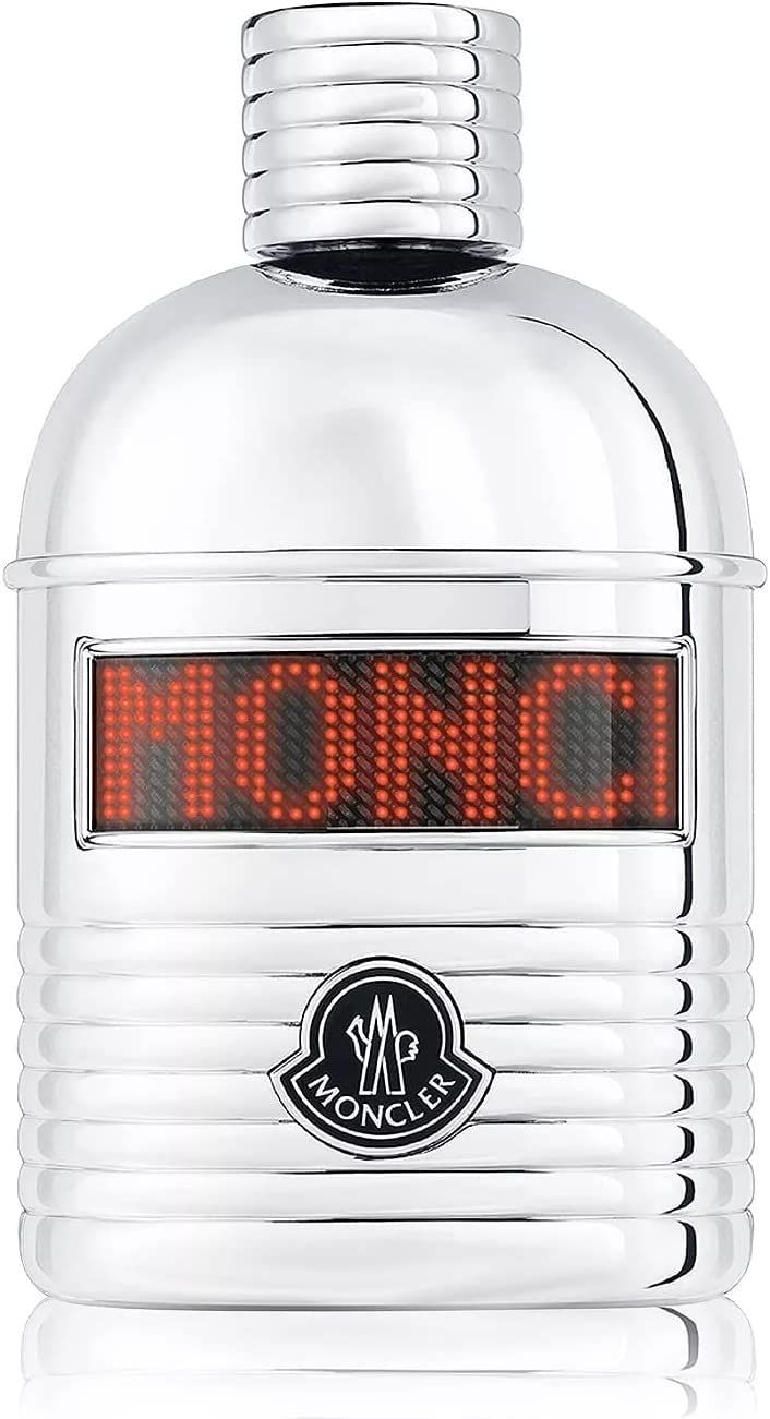 Flacon argenté avec écran LED et logo Moncler. L'écran affiche le nom "MONCLER".