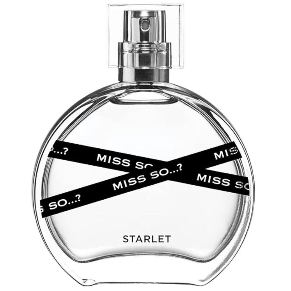Flacon rond transparent avec vaporisateur argenté. Ruban noir avec inscription "MISS SO...?". Inscription "STARLET" en bas.