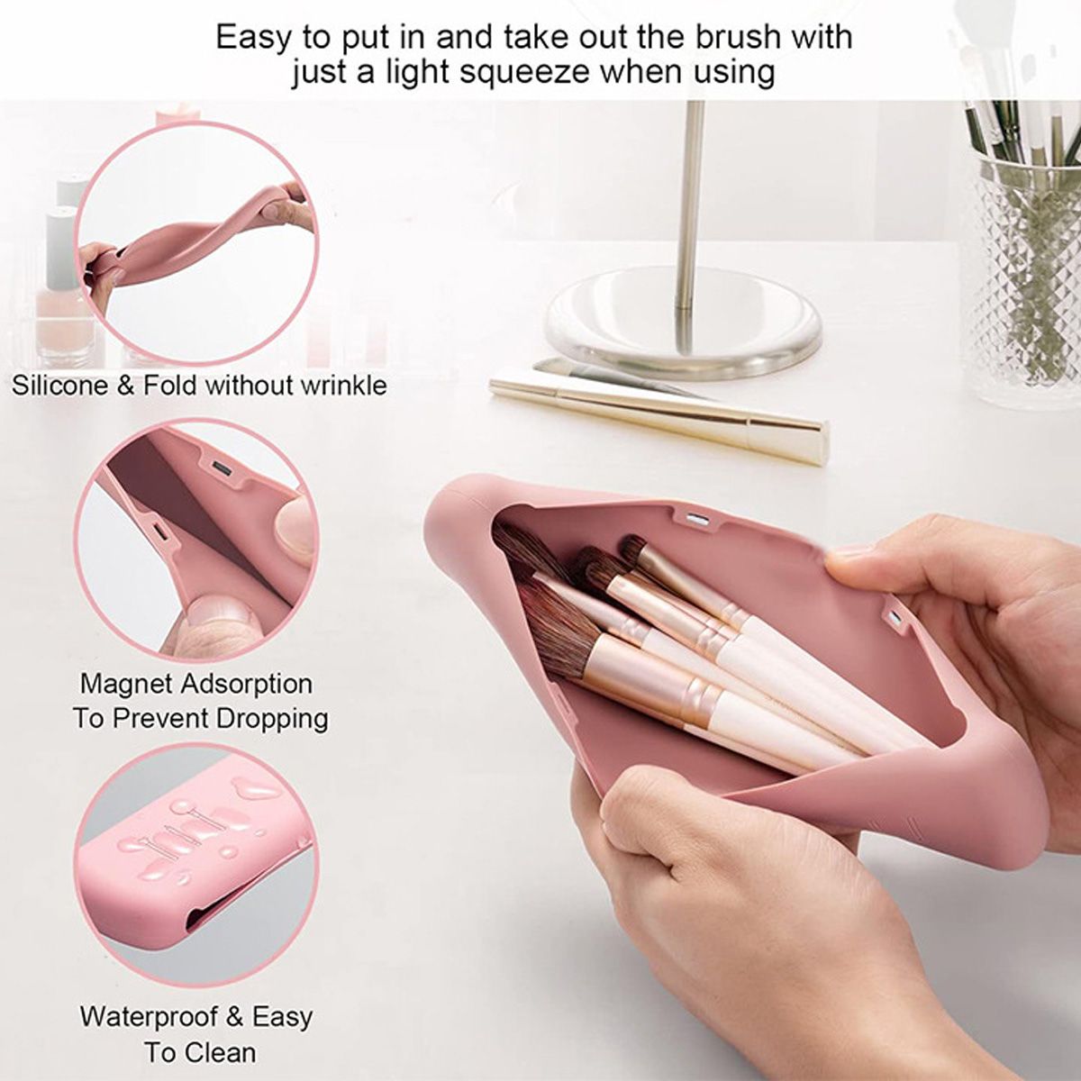 Étui en silicone rose pour pinceaux de maquillage avec fermeture magnétique, imperméable et facile à nettoyer.