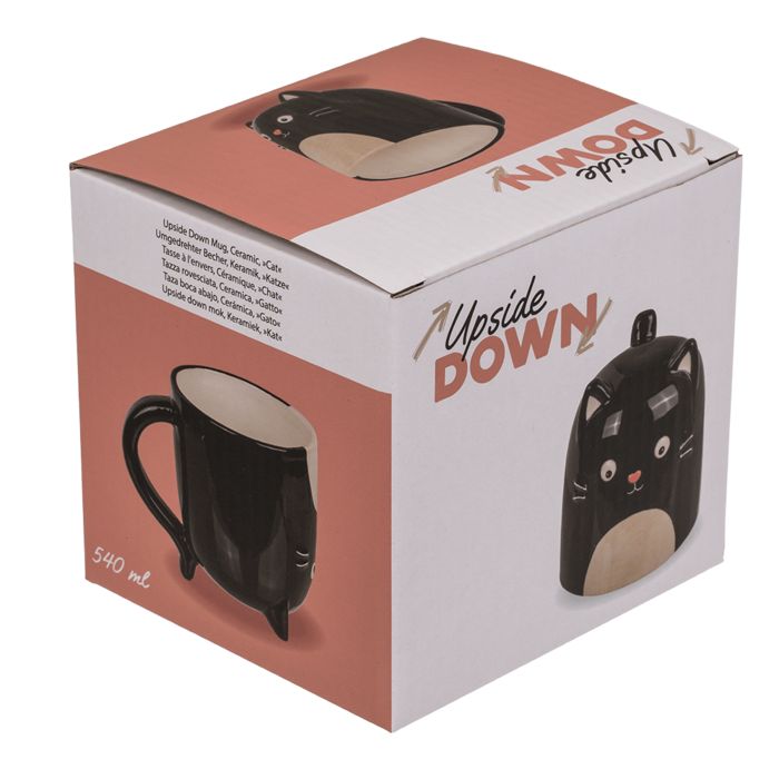 Verpakking voor een katvormige beker. Opdruk: Beker, ondersteboven. Productafbeelding en tekst in meerdere talen.