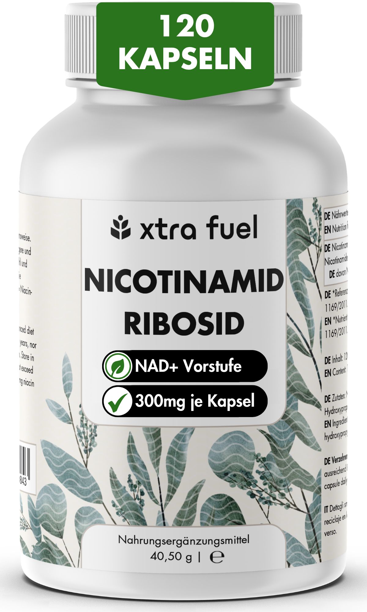 Fles met 120 capsules Nicotinamide Riboside, 300mg per capsule.