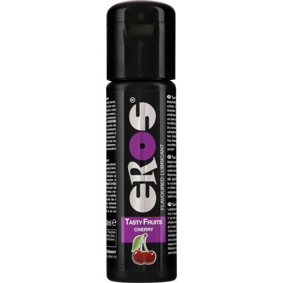Flacon noir avec bouchon noir. Inscription: EROS, Tasty Fruits Cherry. Illustration de cerise.
