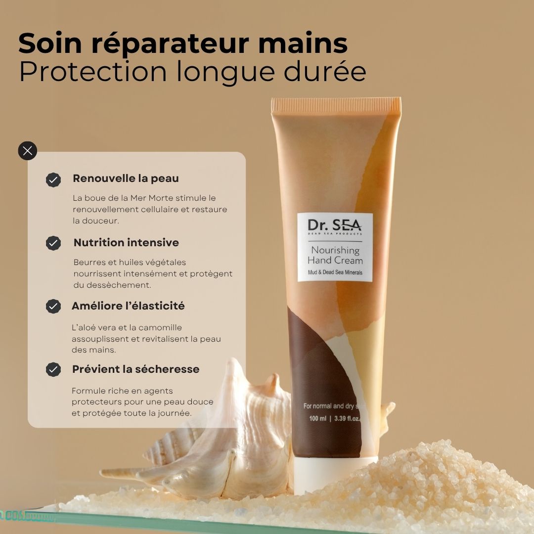 Tube de crème pour les mains avec texte. Texte : Soin réparateur mains, Protection longue durée. Ingrédients et avantages listés.