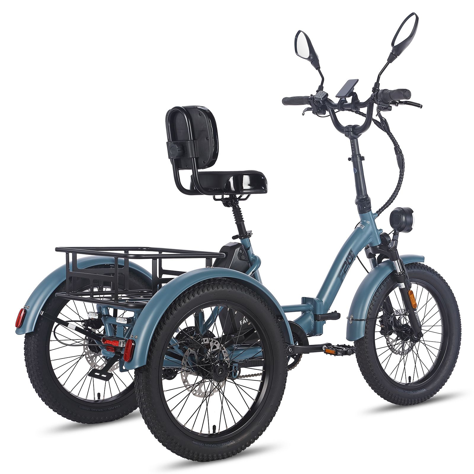 Tricycle électrique bleu avec rétroviseurs et panier arrière. FAFREES F20 Mate. Pneus noirs, siège avec dossier.