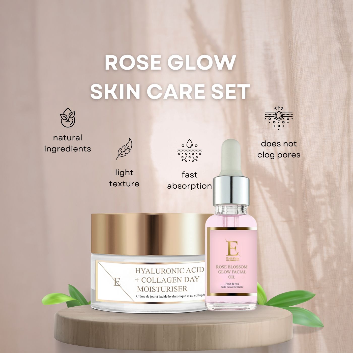 Ensemble de soins de la peau. Crème de jour et huile faciale. Crème avec couvercle doré, étiquette avec texte. Flacon d'huile avec pipette, liquide rose, étiquette avec texte.