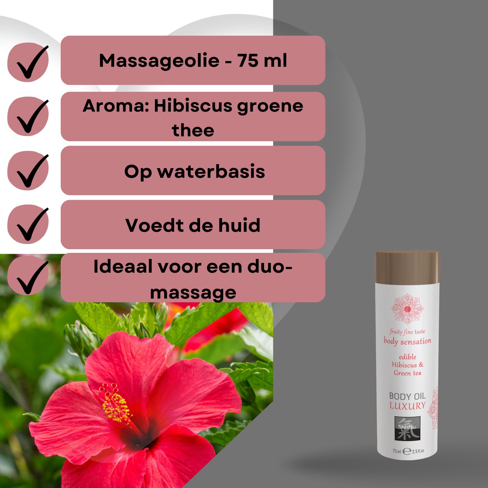 Fles Shiatsu Body Oil Luxury met groene thee en hibiscus aroma, 75ml.