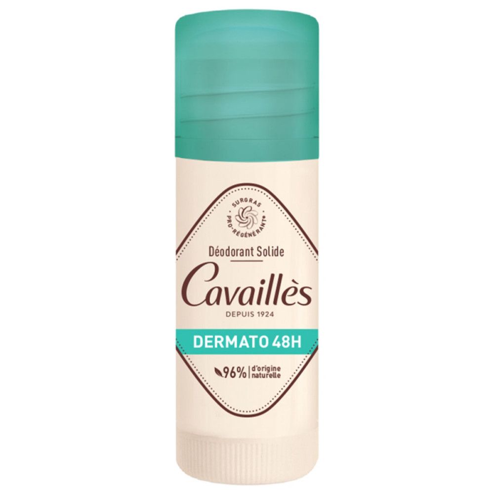 Deodorant stick met turquoise dop. Opschriften: Cavaillès, Dermato 48H, 96% natuurlijke oorsprong. Sinds 1924.