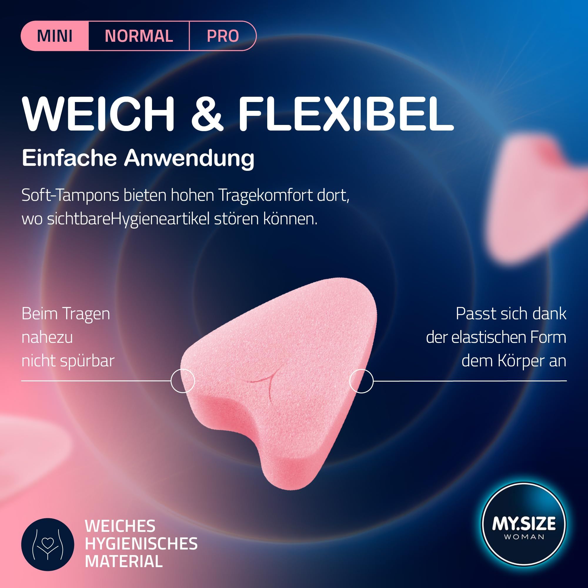 Roze zachte tampon in hartvorm, gemaakt van zacht, hygiënisch materiaal.