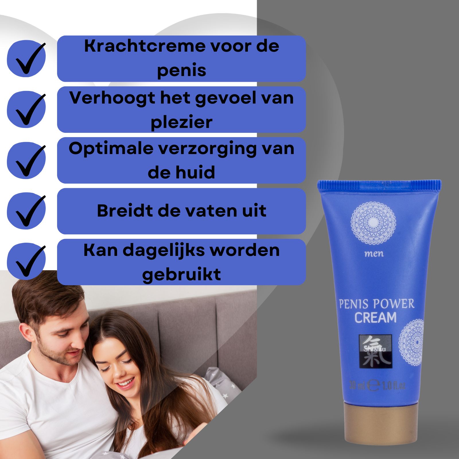 Shiatsu Penis Power Creme doos, blauw, met mandala-patroon, tekst en zegel.
