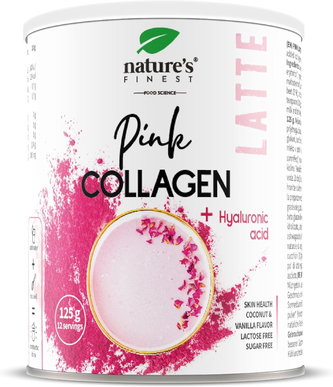 Blik Nature's Finest Pink Collagen Latte. Roze poeder, 125g, 12 porties. Met hyaluronzuur en ashwagandha.