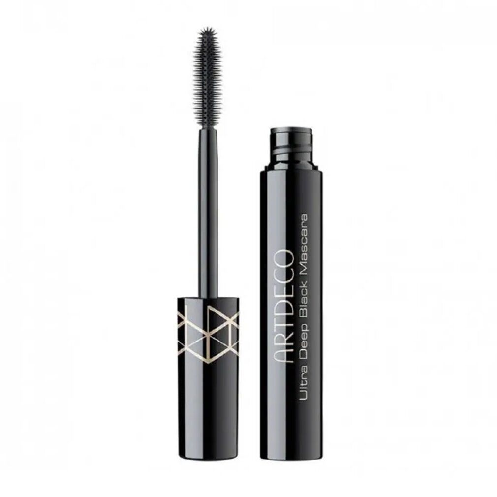 Tube de mascara noir avec brosse ouverte. Inscription "ARTDECO Ultra Deep Black Mascara" sur le tube.