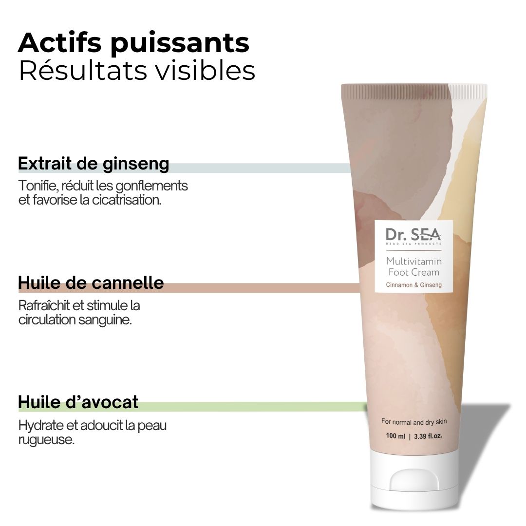 Tube de crème "Dr. SEA Multivitamin Foot Cream". Texte : Extrait de ginseng, Huile de cannelle, Huile d'avocat. Résultats visibles.
