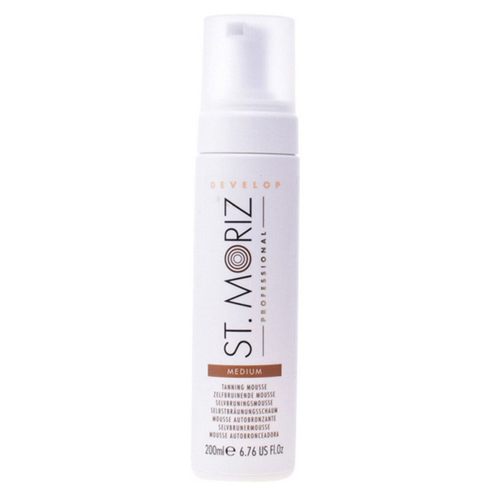 Flacon blanc avec pompe. Inscription: St. Moriz Professional, Medium, mousse autobronzante. 200ml.