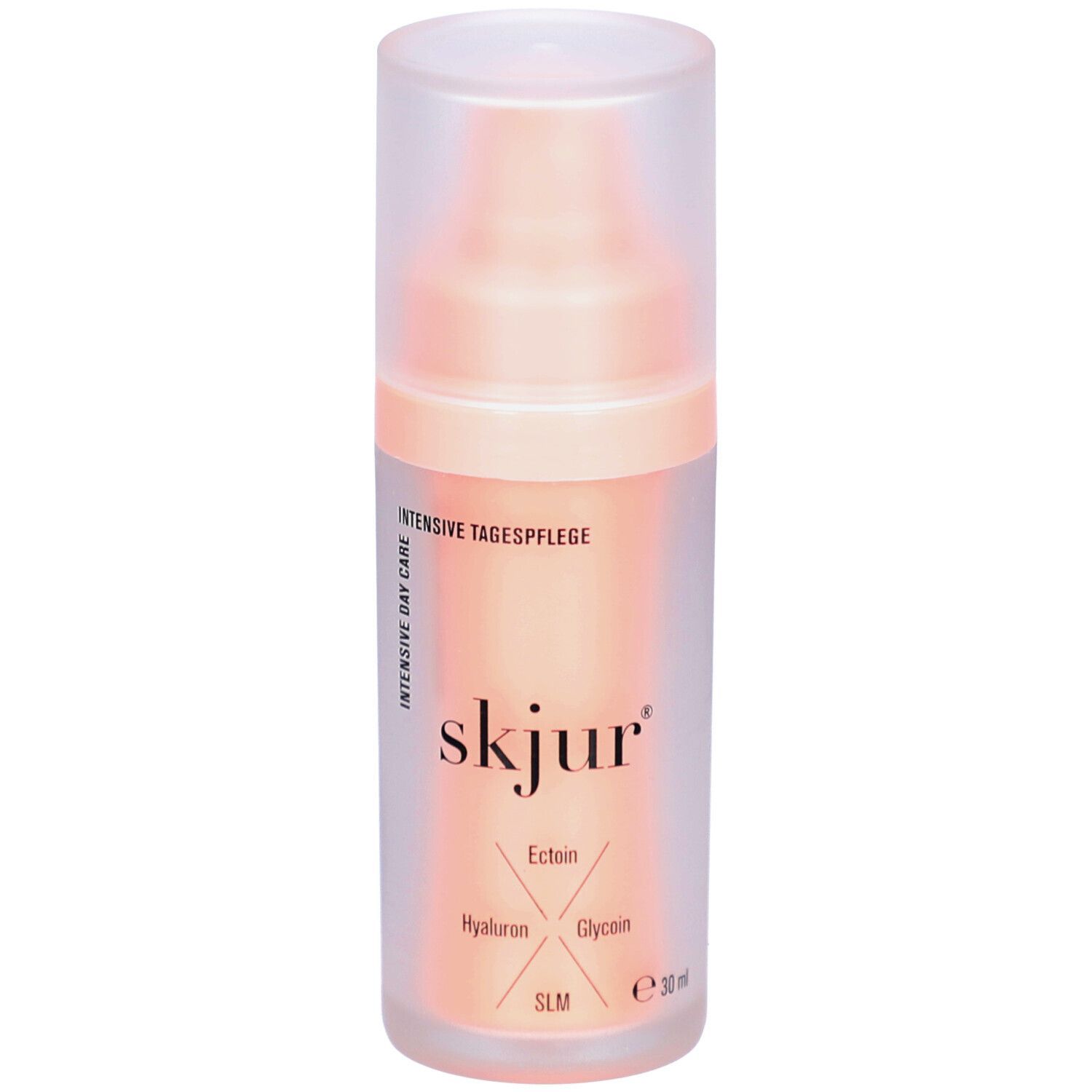 Crèmedispenser met transparante dop. Opschrift: skjur, Ectoin, Hyaluron, Glycein, SLM. Opdruk: Intensieve dagverzorging.