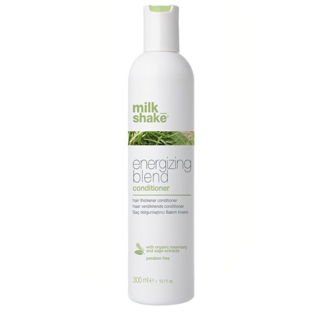 Witte fles met groene opdruk. Opschrift: milk_shake Energizing Blend Conditioner. Bevat rozemarijn- en salie-extracten. 300 ml.
