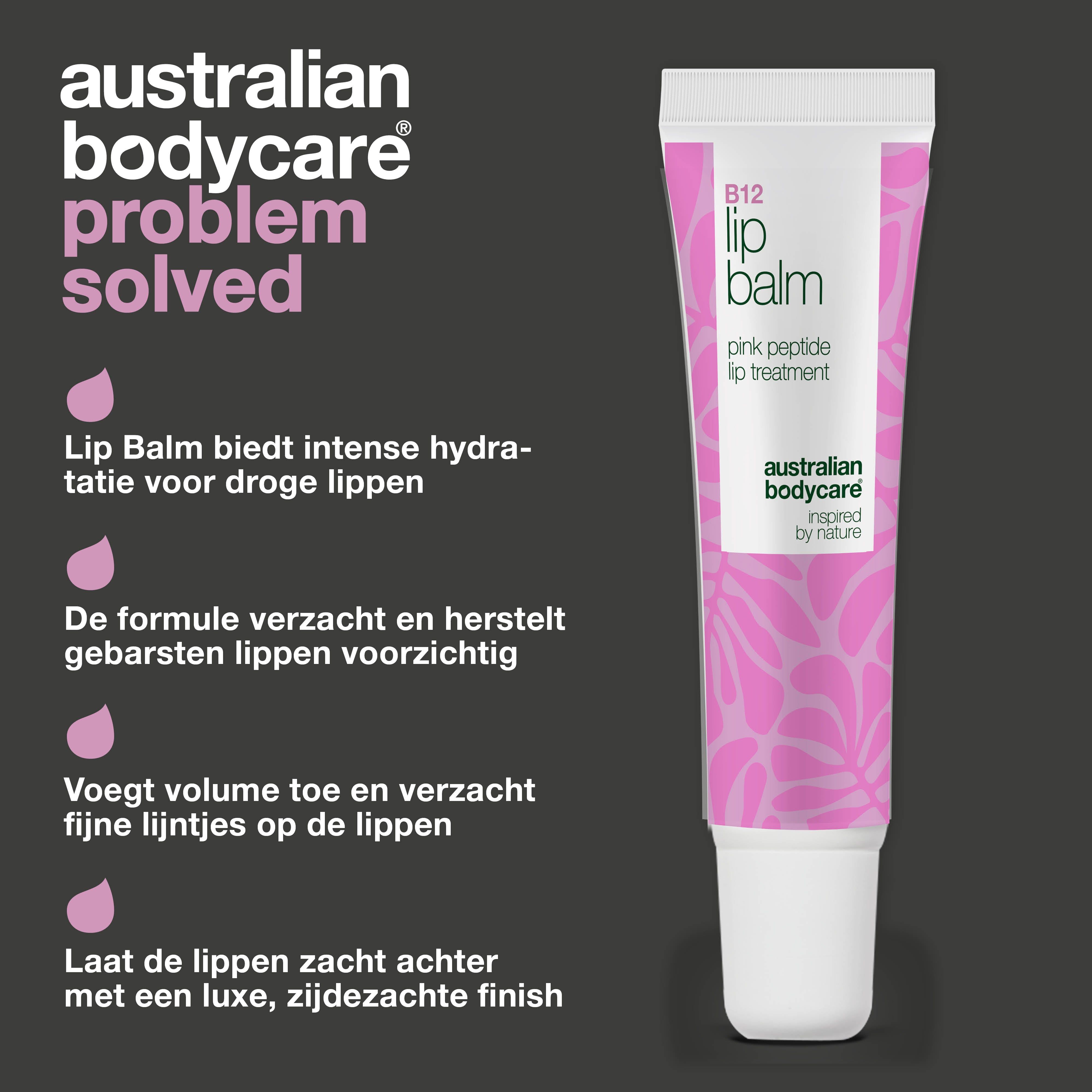Lippenbalsem tube. Tekst: B12 Lip Balm, pink peptide. Australian Bodycare. Voordelen: hydratatie, herstel, volume.