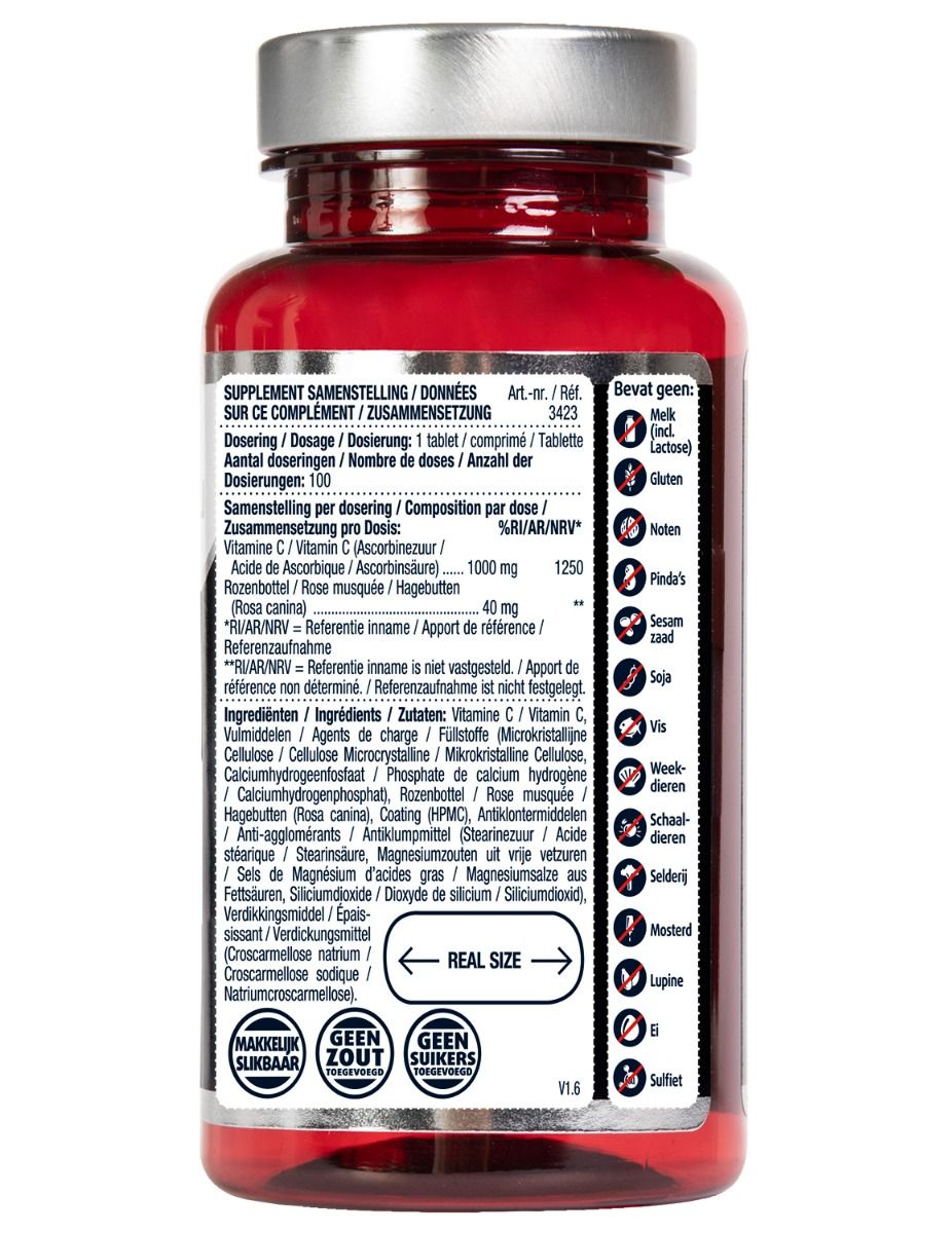 Dos du flacon rouge. Contient des informations sur les ingrédients, le dosage et les allergènes. Texte en allemand, français et néerlandais.
