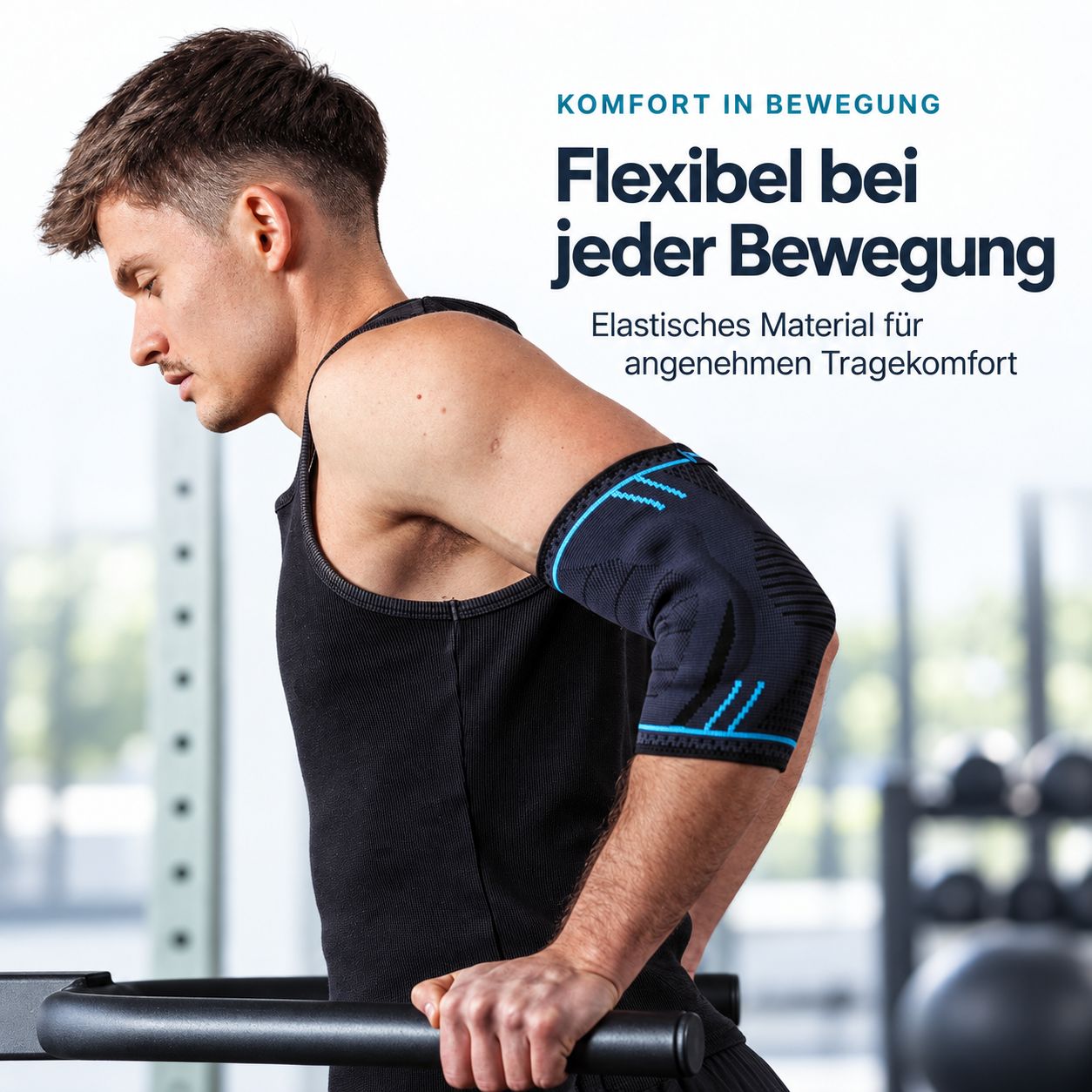 Un homme porte une coudière pendant l'entraînement, soulignant la flexibilité et le confort.