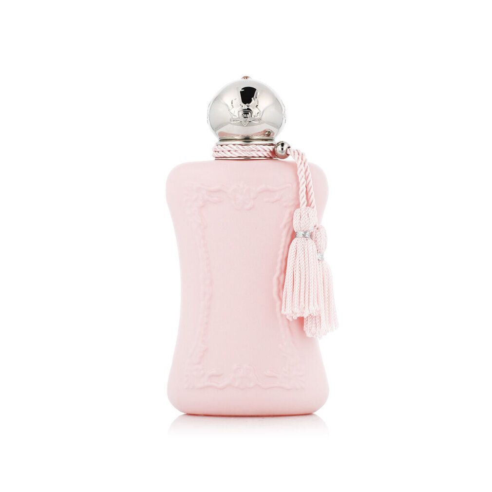 Flacon de parfum rose pâle avec bouchon argenté, cordon et pompons.