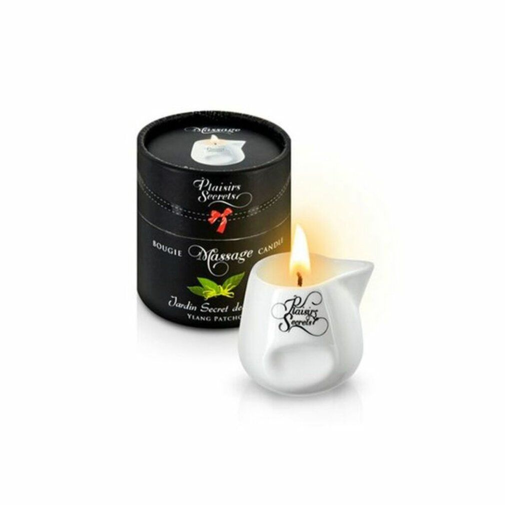 Bougie blanche en forme de pichet avec flamme, à côté d'un emballage noir. Inscription "Plaisir Secret".