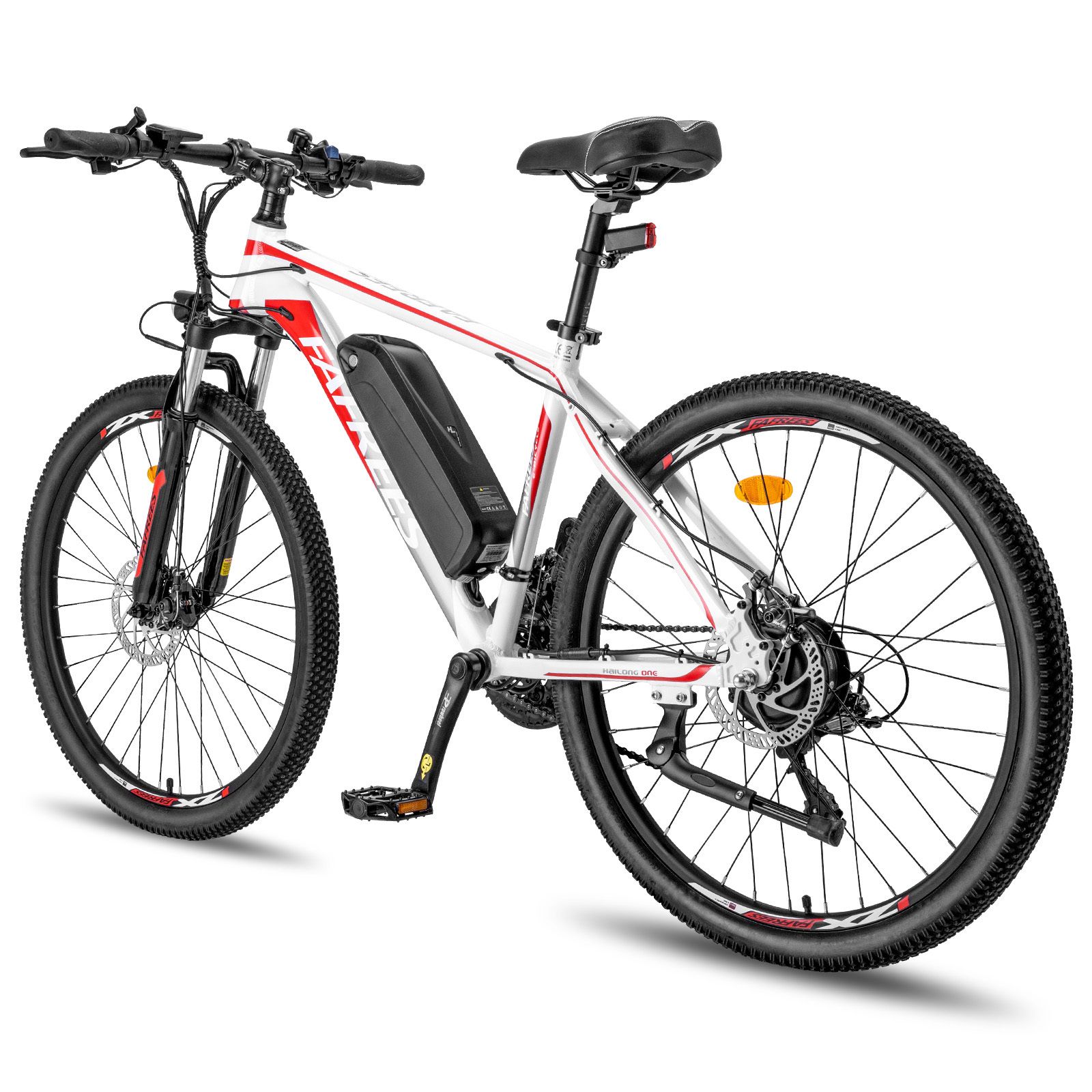VTT électrique, blanc avec accents rouges. Pneus, selle et batterie noirs. Marque Fafrees.