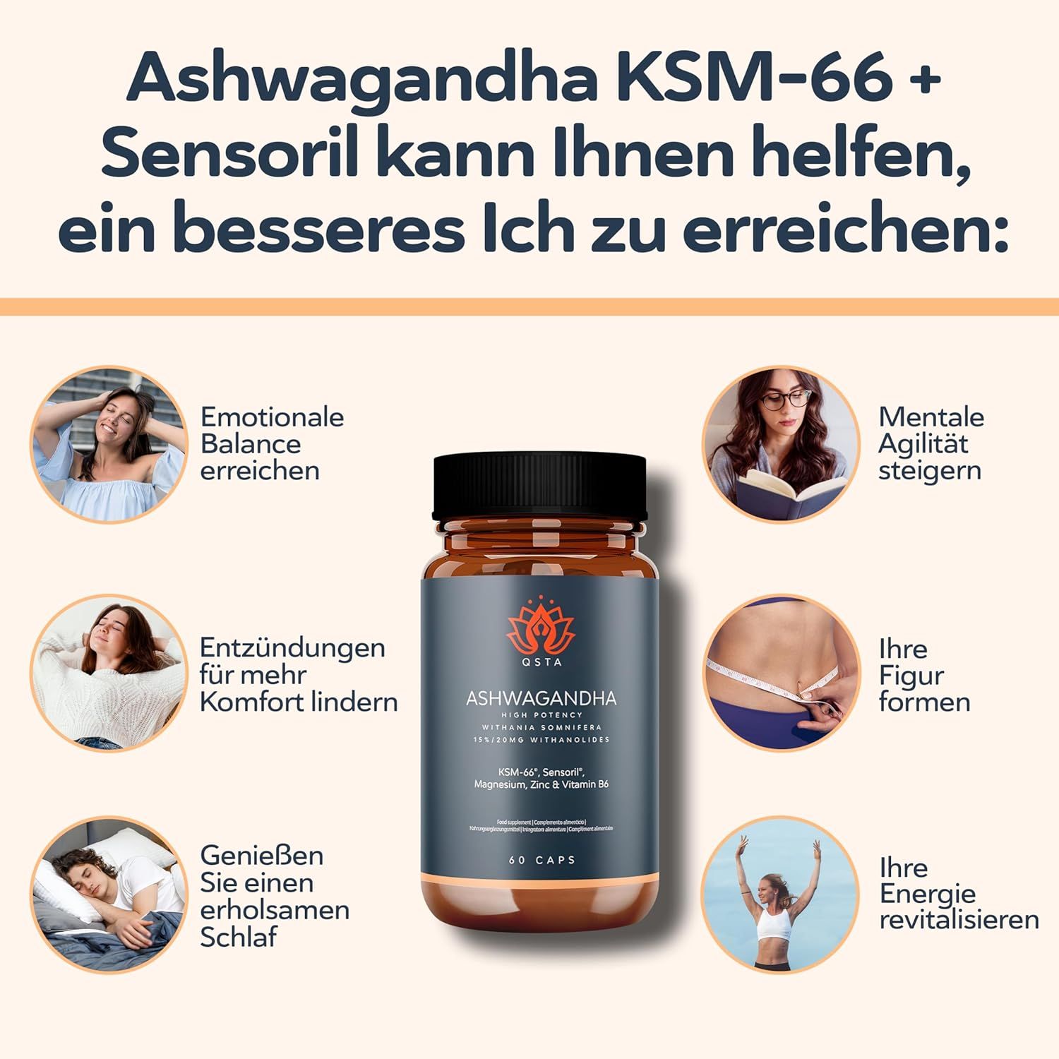 QSTA Ashwagandha KSM-66 capsules omringd door iconen die emotionele balans, mentale behendigheid, figuurvorming en energie tonen.